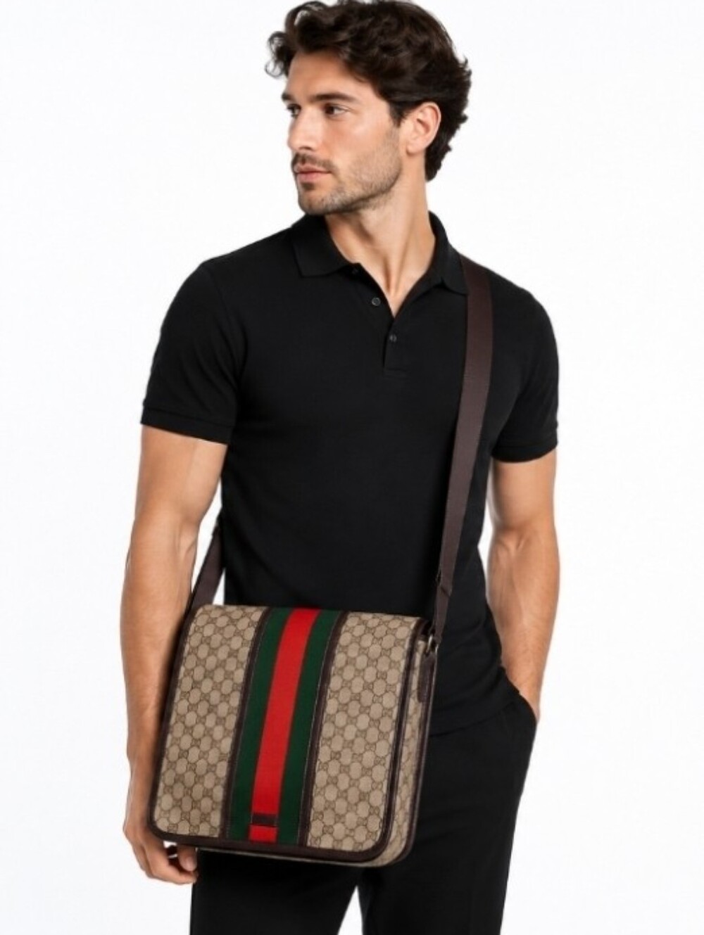 Gucci Large GG Supreme Web Flap Messenger Crossbody Bag